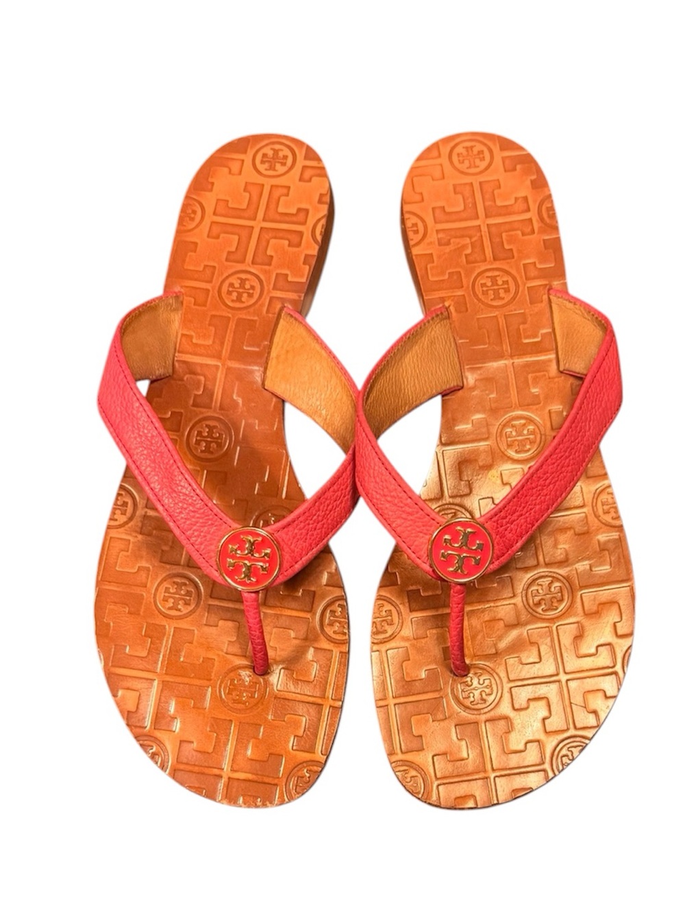 Tory Burch Hot Pink Tan Gold Pebbled Leather Thora flat thong sandals Size 10